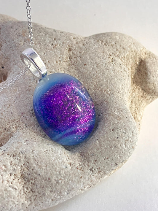 Dark Celestial Dichroic Glass Pendant with Sterling Silver Chain