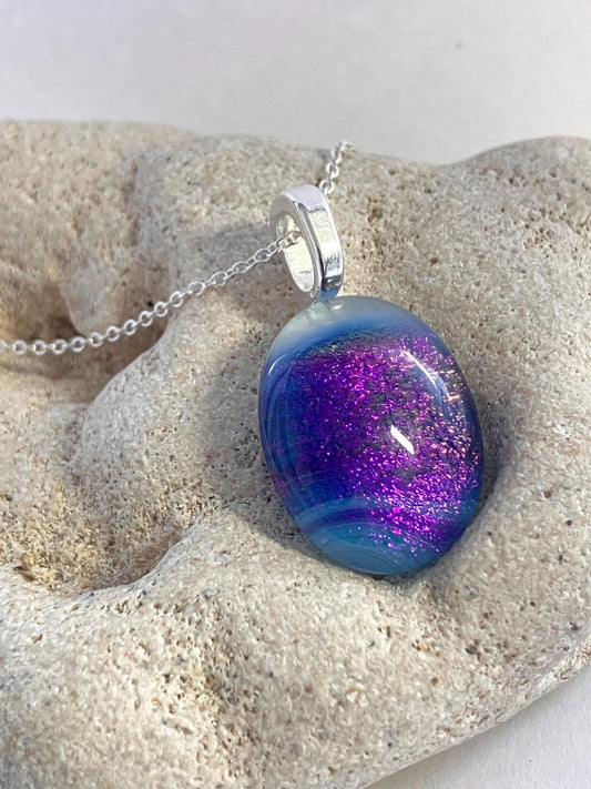 Dark Celestial Dichroic Glass Pendant with Sterling Silver Chain